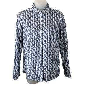 Women's J. Crew Blue And White Seahorse Pattern Popover Button Down Shirt. XS